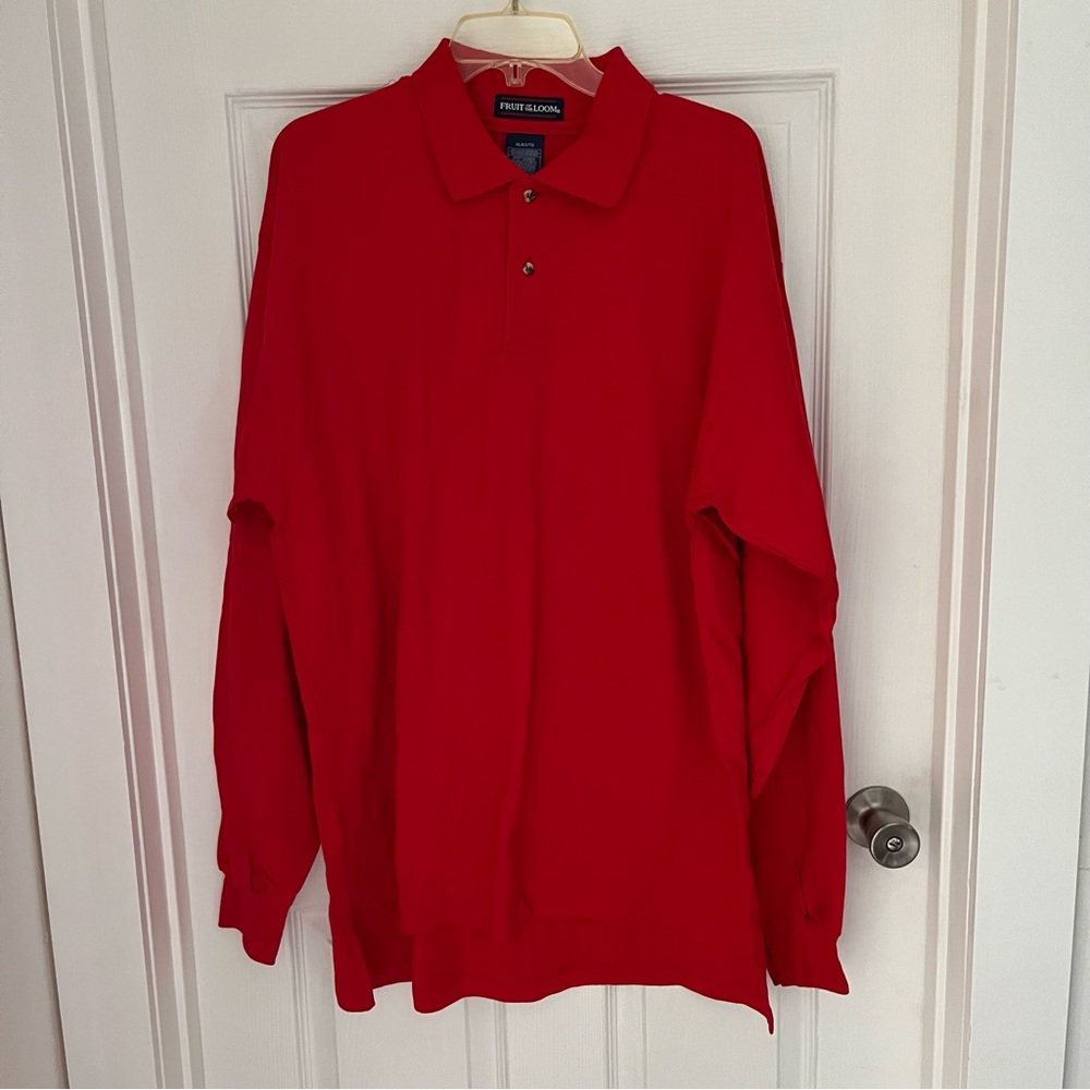Fruit of the Loom NWOT Men's Red Long Sleeve Polo Shirt 100% cotton